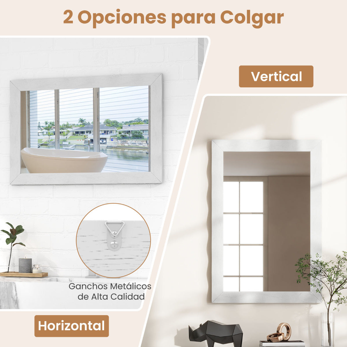 Espejo de Pared de 106x71,5cm Estilo Rústico con Marco de Madera Caucho Maciza Vertical y Horizontal para Baño Dormitorio Entrada Blanco