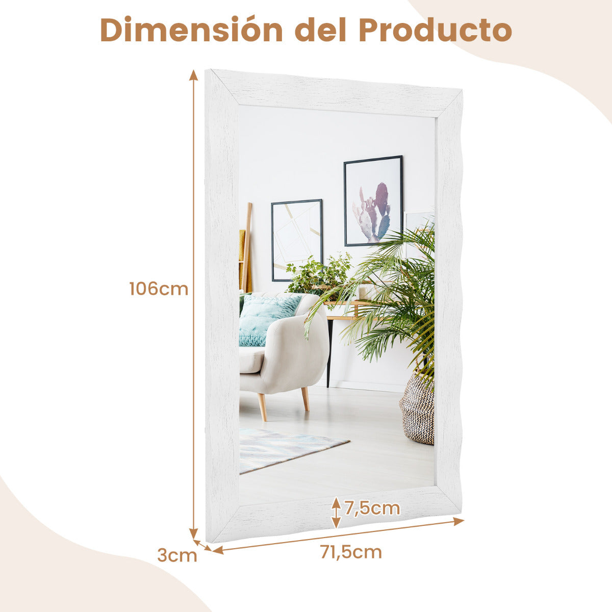 Espejo de Pared de 106x71,5cm Estilo Rústico con Marco de Madera Caucho Maciza Vertical y Horizontal para Baño Dormitorio Entrada Blanco