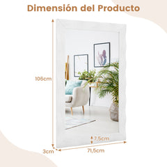 Espejo de Pared de 106x71,5cm Estilo Rústico con Marco de Madera Caucho Maciza Vertical y Horizontal para Baño Dormitorio Entrada Blanco