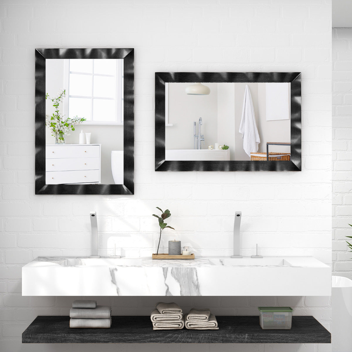 Espejo de Pared de 106x71,5cm Estilo Rústico con Marco de Madera Caucho Maciza Vertical y Horizontal para Baño Dormitorio Entrada Negro
