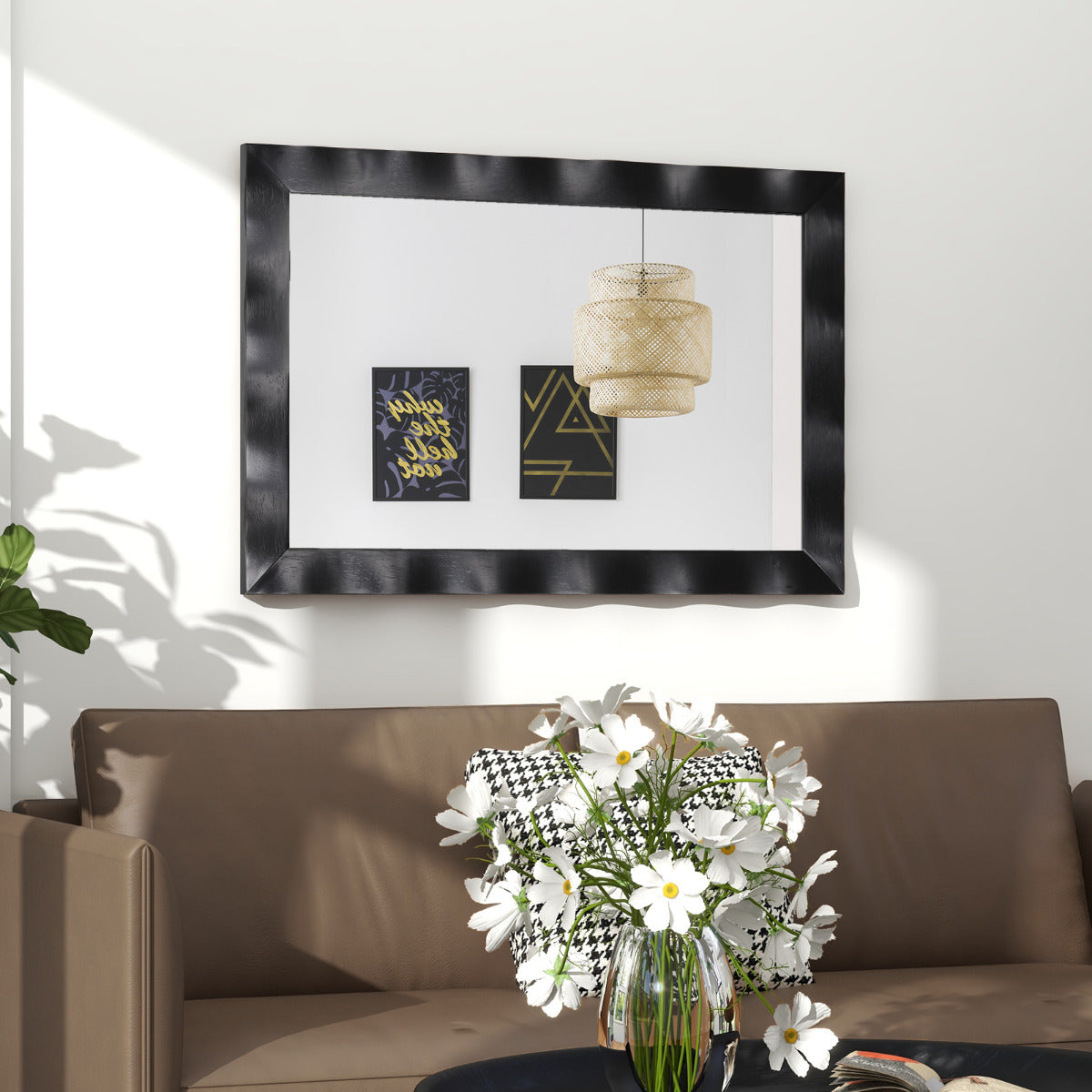 Espejo de Pared de 106x71,5cm Estilo Rústico con Marco de Madera Caucho Maciza Vertical y Horizontal para Baño Dormitorio Entrada Negro