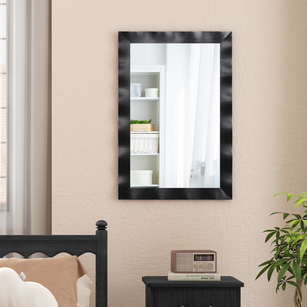 Espejo de Pared de 106x71,5cm Estilo Rústico con Marco de Madera Caucho Maciza Vertical y Horizontal para Baño Dormitorio Entrada Negro
