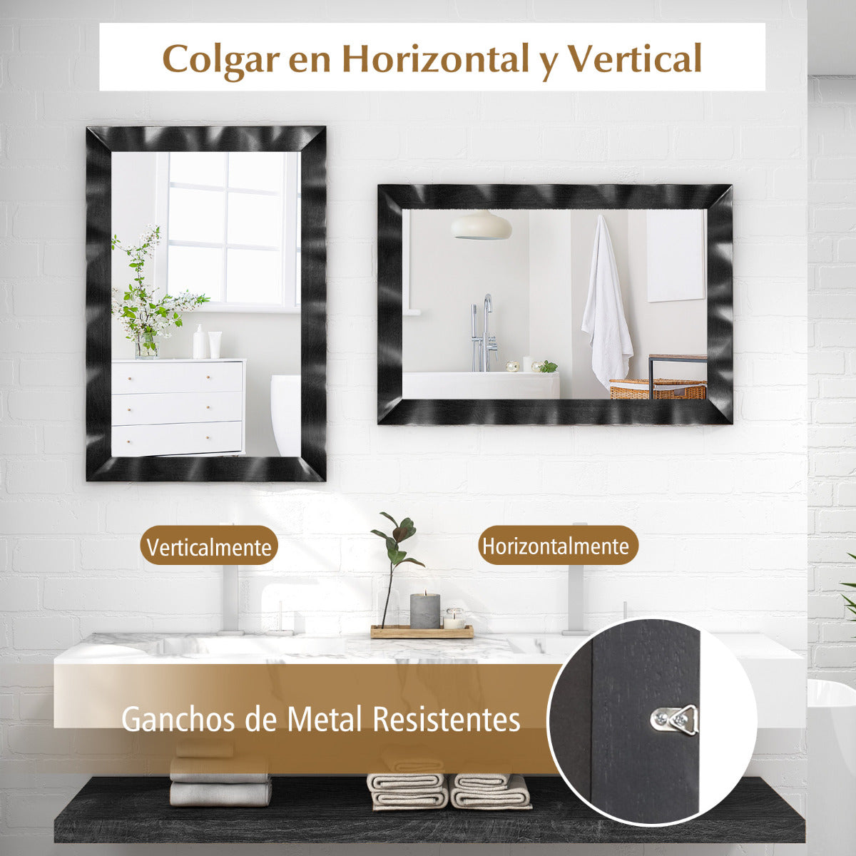 Espejo de Pared de 106x71,5cm Estilo Rústico con Marco de Madera Caucho Maciza Vertical y Horizontal para Baño Dormitorio Entrada Negro