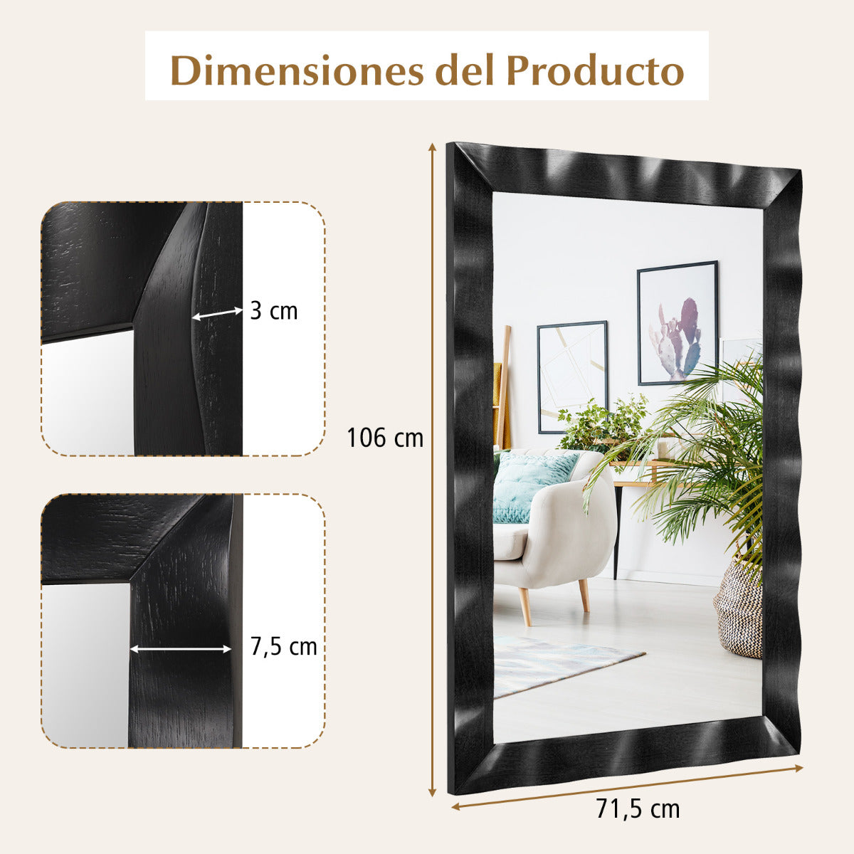 Espejo de Pared de 106x71,5cm Estilo Rústico con Marco de Madera Caucho Maciza Vertical y Horizontal para Baño Dormitorio Entrada Negro