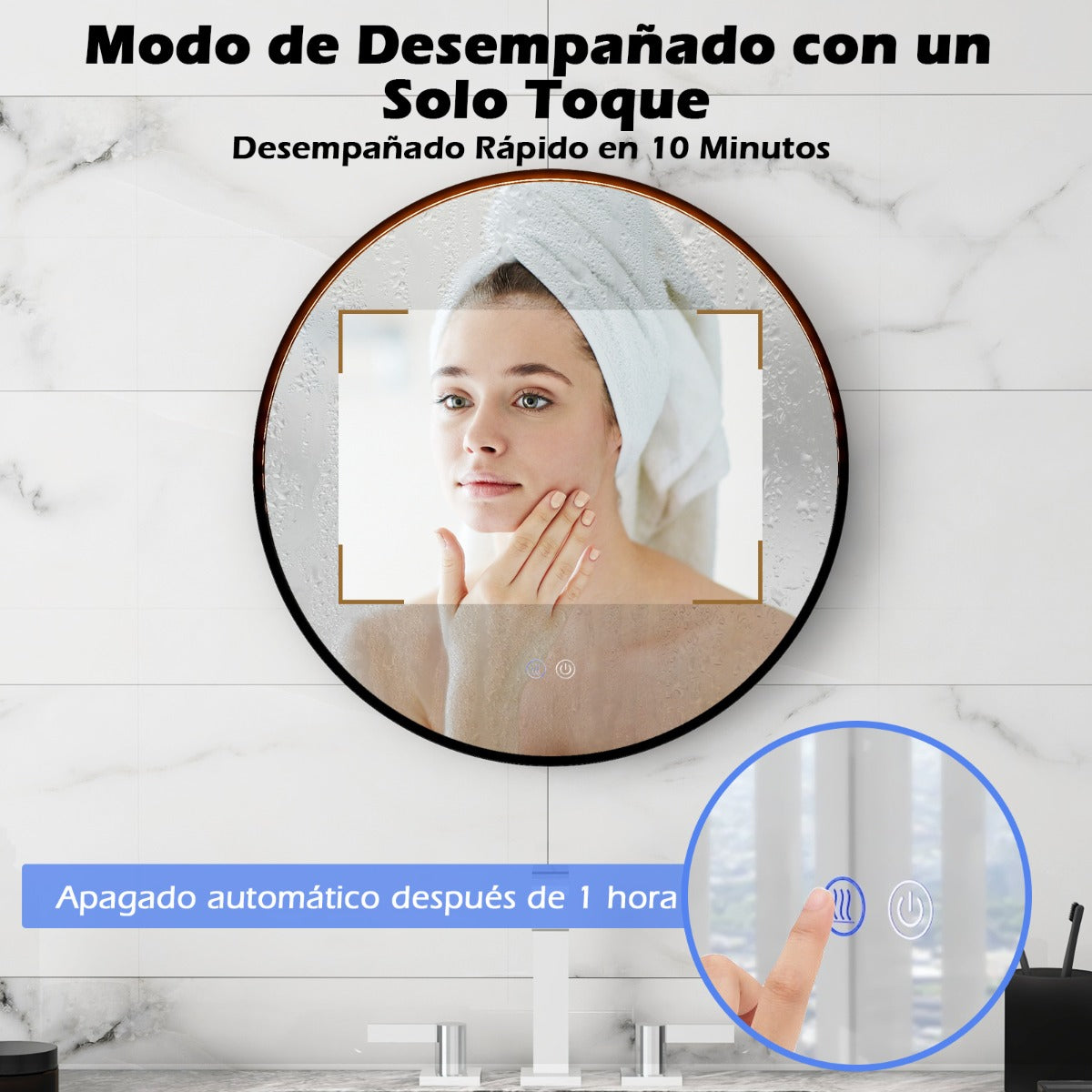 Espejo de Pared 60 x 60 cm para Baño Anti-empañante Regulable con 3 Colores Función de Memoria Negro