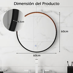 Espejo de Pared 60 x 60 cm para Baño Anti-empañante Regulable con 3 Colores Función de Memoria Negro