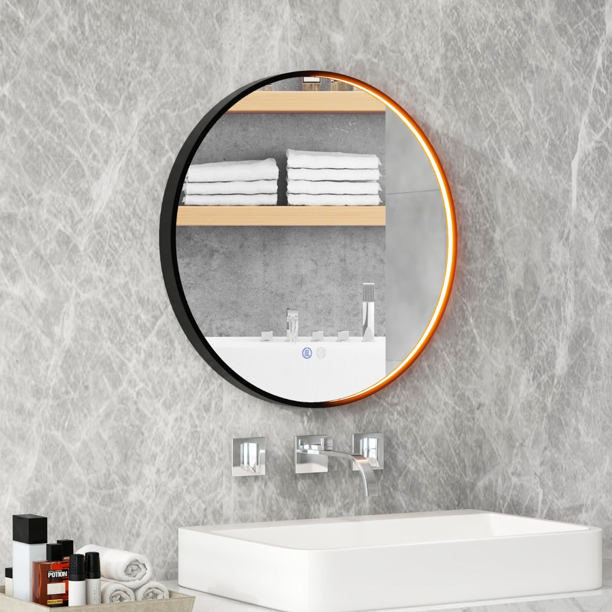 Espejo de Pared 60 x 60 cm para Baño Anti-empañante Regulable con 3 Colores Función de Memoria Negro