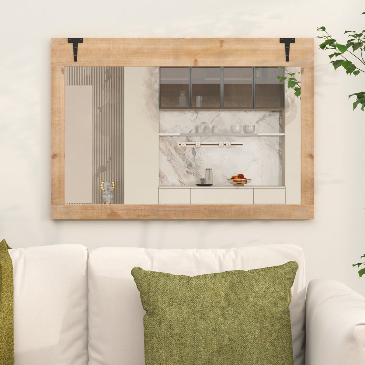 Espejo de Pared con Marco de Madera Abeto Espejo de 97 x 67 cm Montaje Vertical y Horizontal Decorativo para Dormitorio Salón Natural