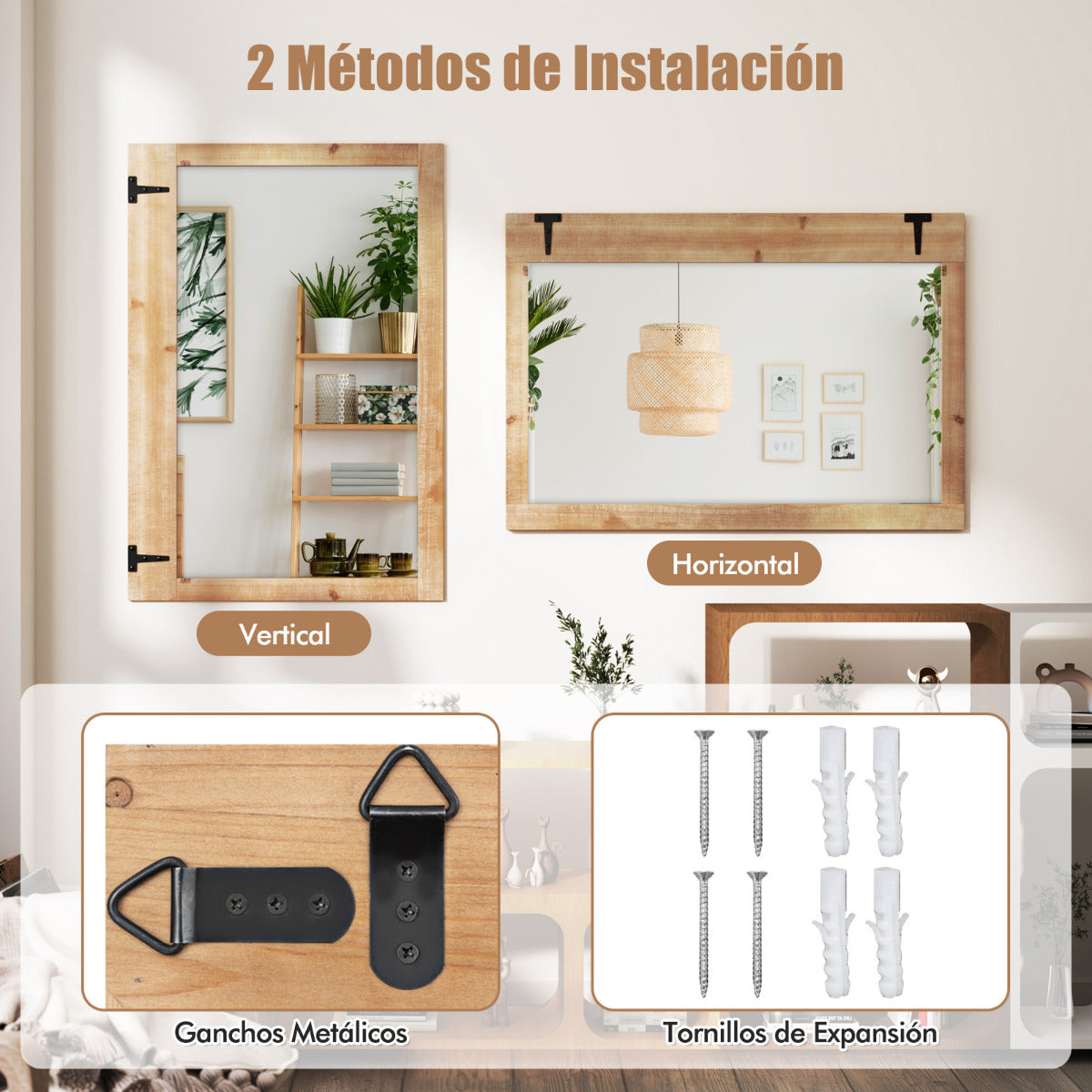 Espejo de Pared con Marco de Madera Abeto Espejo de 97 x 67 cm Montaje Vertical y Horizontal Decorativo para Dormitorio Salón Natural