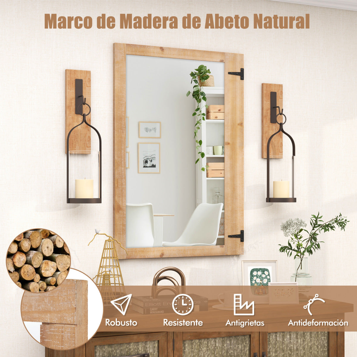 Espejo de Pared con Marco de Madera Abeto Espejo de 97 x 67 cm Montaje Vertical y Horizontal Decorativo para Dormitorio Salón Natural