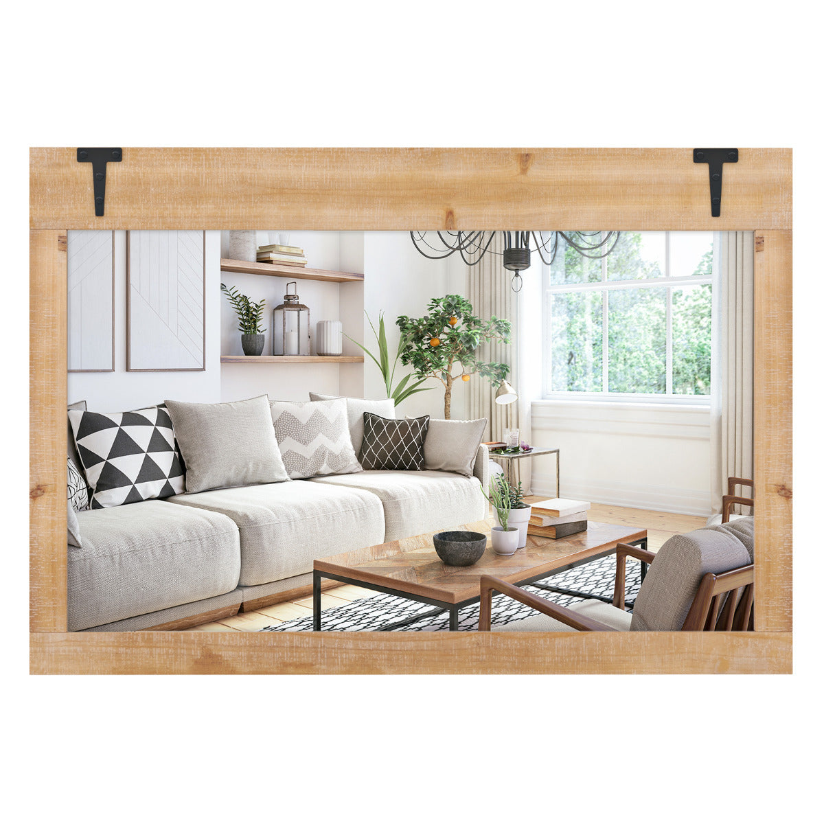 Espejo de Pared con Marco de Madera Abeto Espejo de 97 x 67 cm Montaje Vertical y Horizontal Decorativo para Dormitorio Salón Natural