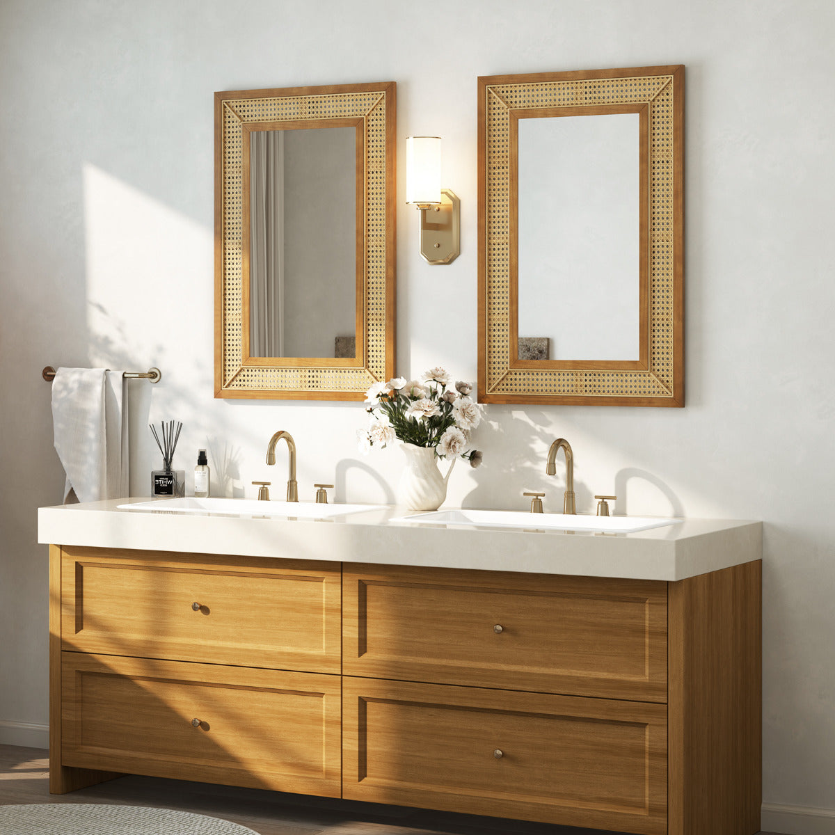 Espejo de Pared de Ratán Decorativo Rectangular Estilo Bohemio con Marco de Madera Colgante Vertical u Horizontal para Baño 90 x 60 cm