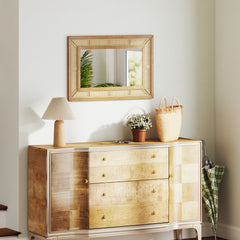 Espejo de Pared de Ratán Decorativo Rectangular Estilo Bohemio con Marco de Madera Colgante Vertical u Horizontal para Baño 90 x 60 cm
