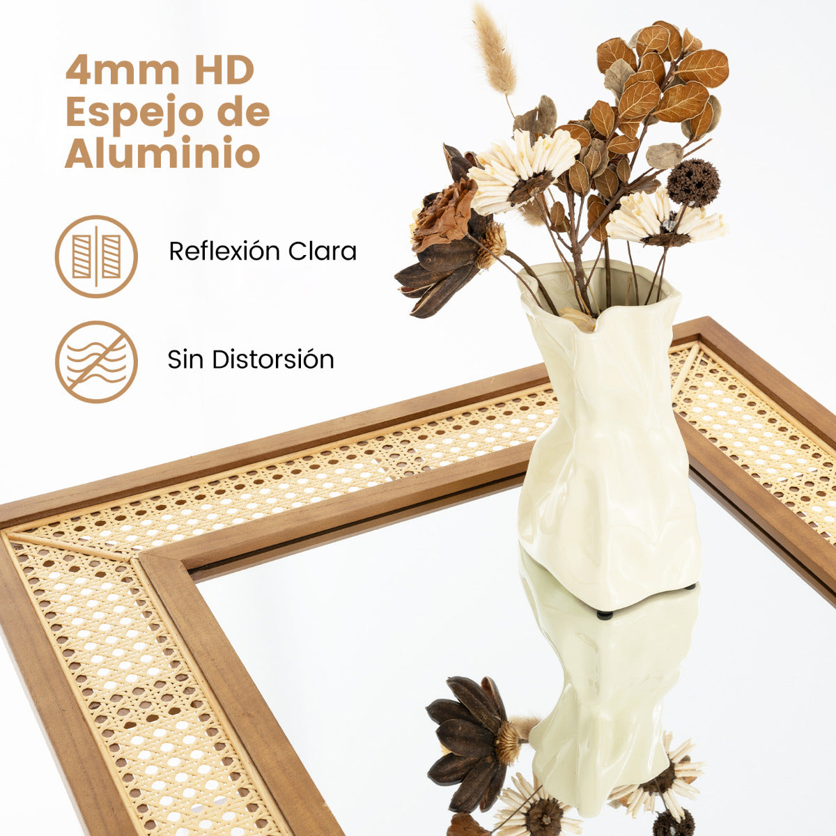 Espejo de Pared de Ratán Decorativo Rectangular Estilo Bohemio con Marco de Madera Colgante Vertical u Horizontal para Baño 90 x 60 cm