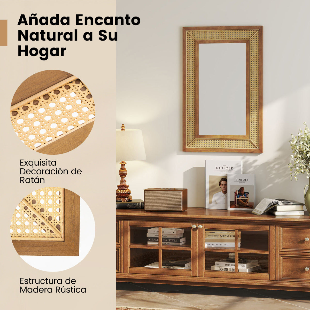 Espejo de Pared de Ratán Decorativo Rectangular Estilo Bohemio con Marco de Madera Colgante Vertical u Horizontal para Baño 90 x 60 cm