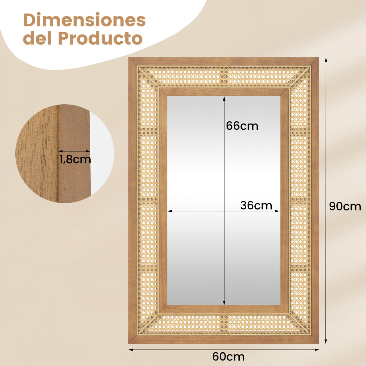 Espejo de Pared de Ratán Decorativo Rectangular Estilo Bohemio con Marco de Madera Colgante Vertical u Horizontal para Baño 90 x 60 cm