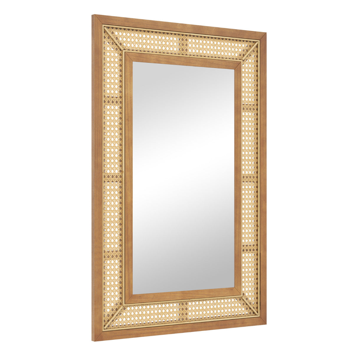 Espejo de Pared de Ratán Decorativo Rectangular Estilo Bohemio con Marco de Madera Colgante Vertical u Horizontal para Baño 90 x 60 cm