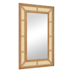 Espejo de Pared de Ratán Decorativo Rectangular Estilo Bohemio con Marco de Madera Colgante Vertical u Horizontal para Baño 90 x 60 cm
