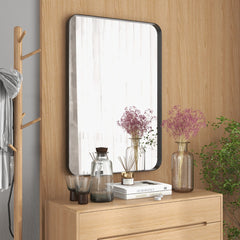 Espejo de Pared para Baño 50 x 80 cm Espejo Rectangular Colgante Moderno Enmarcado en Metal con Esquinas Redondeadas para Vestidor Negro