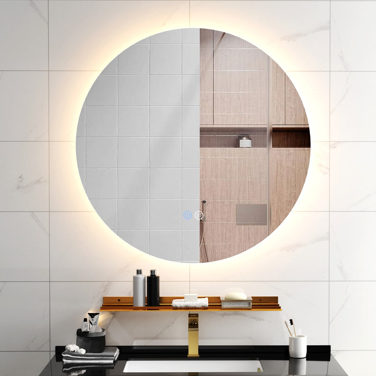 60 cm Espejo LED Redondo de Pared de Baño Espejo de Tocador Iluminado con Luz Regulable Continua 3 Colores Desempañado Automático Memoria