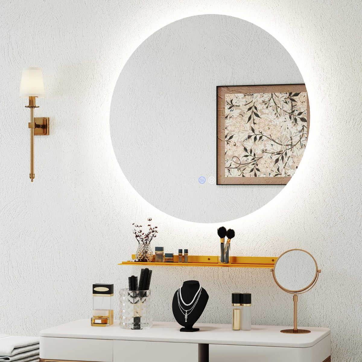 60 cm Espejo LED Redondo de Pared de Baño Espejo de Tocador Iluminado con Luz Regulable Continua 3 Colores Desempañado Automático Memoria