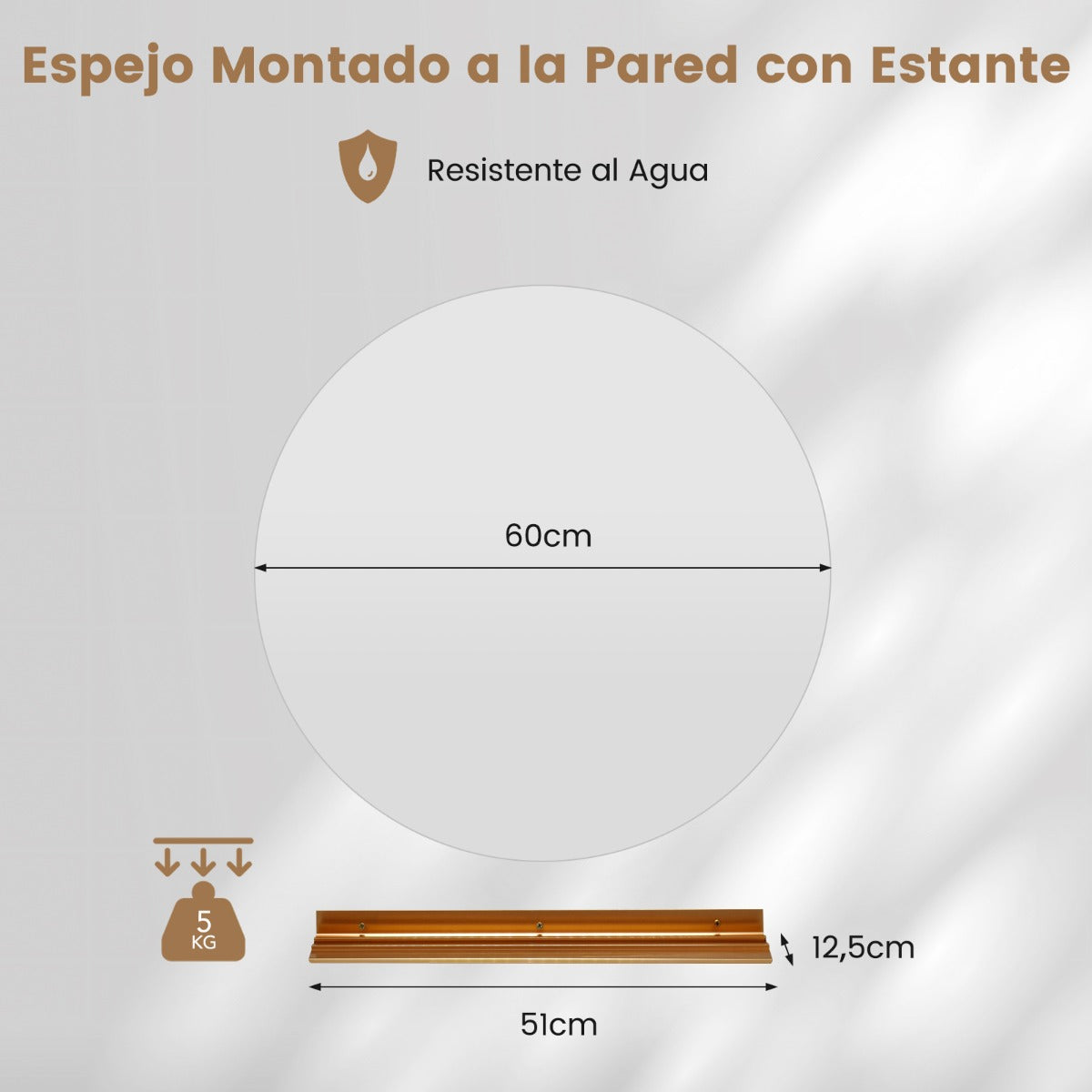 60 cm Espejo LED Redondo de Pared de Baño Espejo de Tocador Iluminado con Luz Regulable Continua 3 Colores Desempañado Automático Memoria