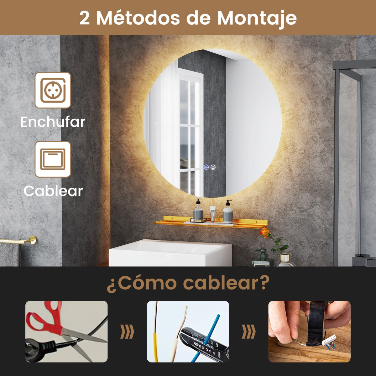 60 cm Espejo LED Redondo de Pared de Baño Espejo de Tocador Iluminado con Luz Regulable Continua 3 Colores Desempañado Automático Memoria