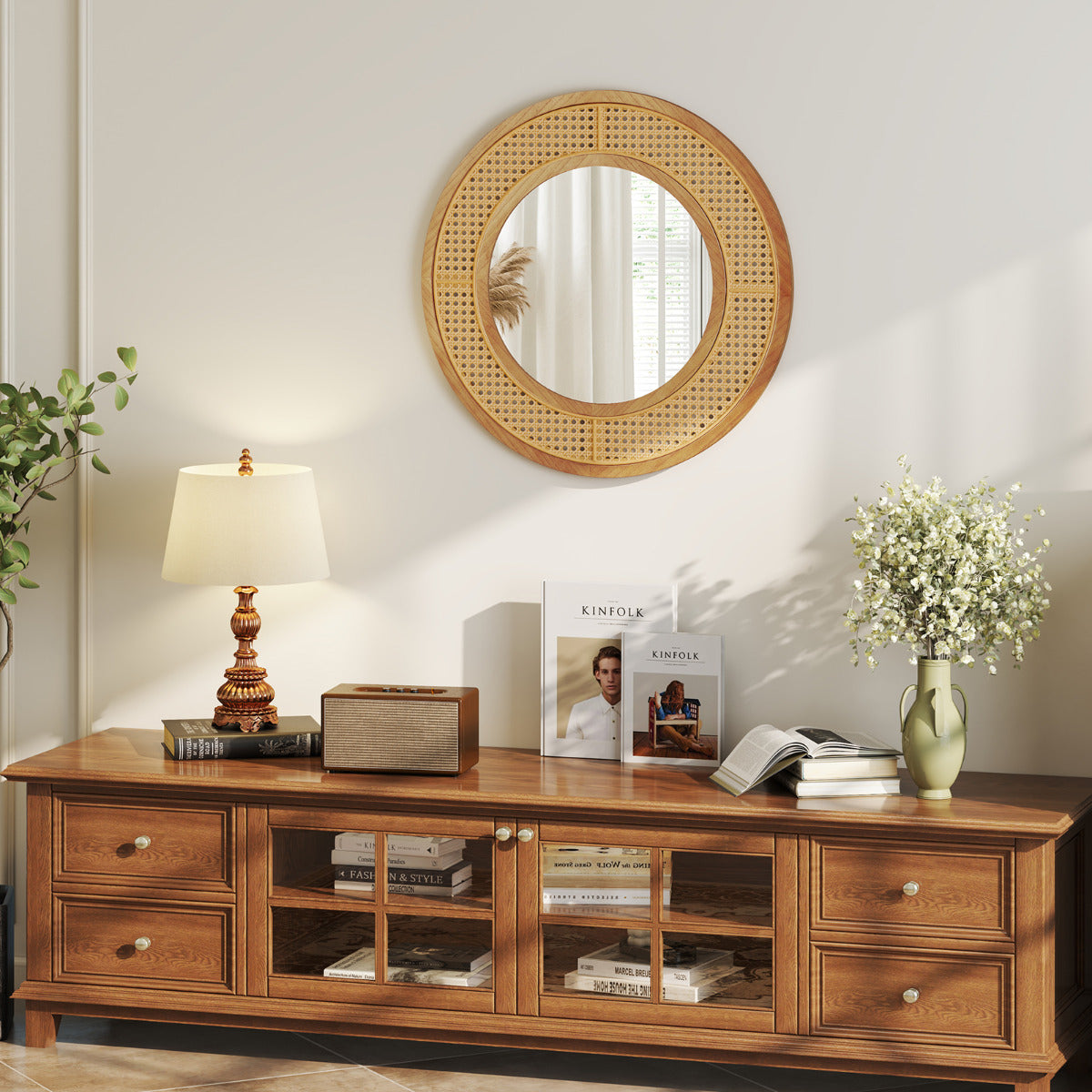Espejo de Pared Redondo de Ratán con Marco de Madera de 65 cm con Vidrio de Aluminio Espejo Decorativo para Baño Salón Entrada Natural