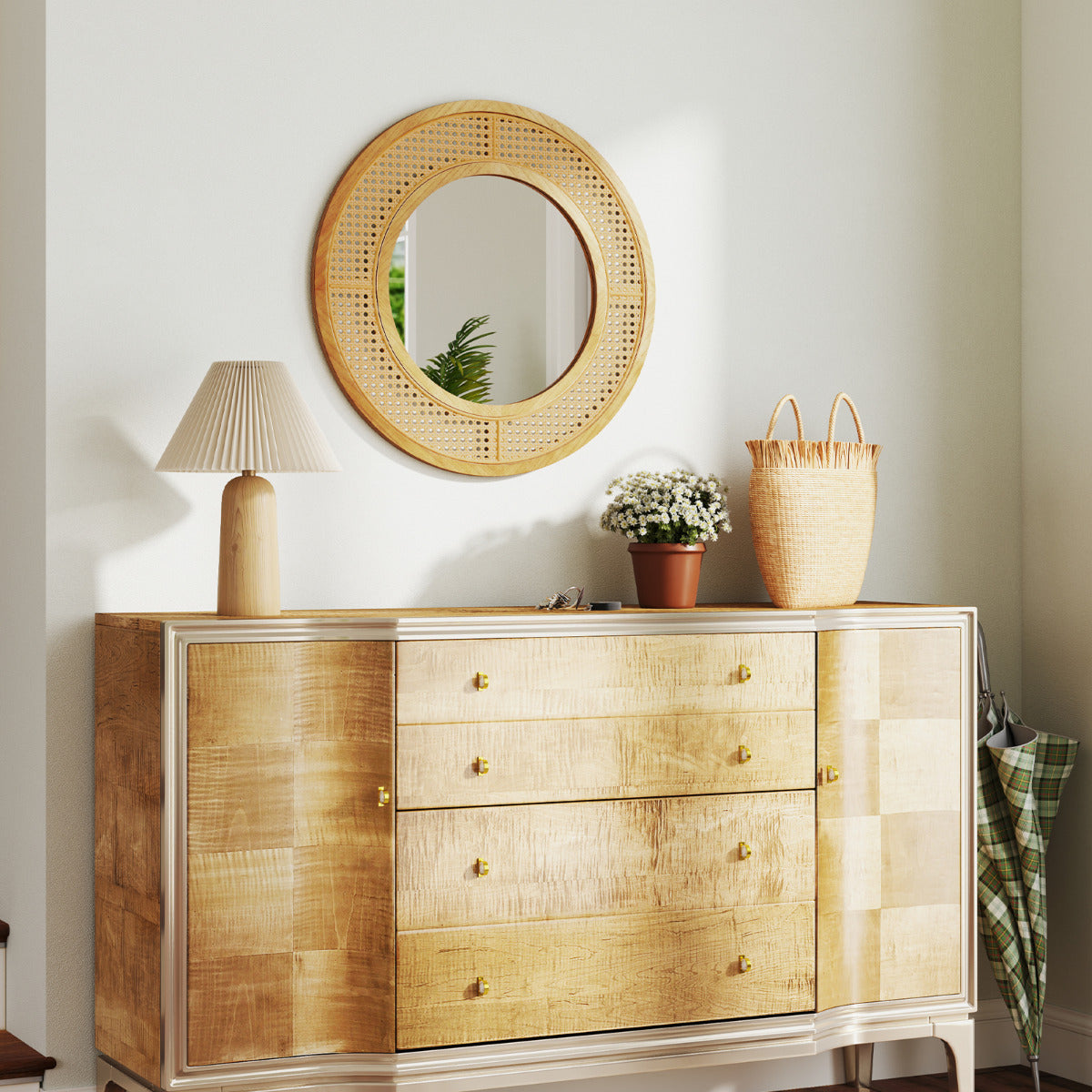 Espejo de Pared Redondo de Ratán con Marco de Madera de 65 cm con Vidrio de Aluminio Espejo Decorativo para Baño Salón Entrada Natural