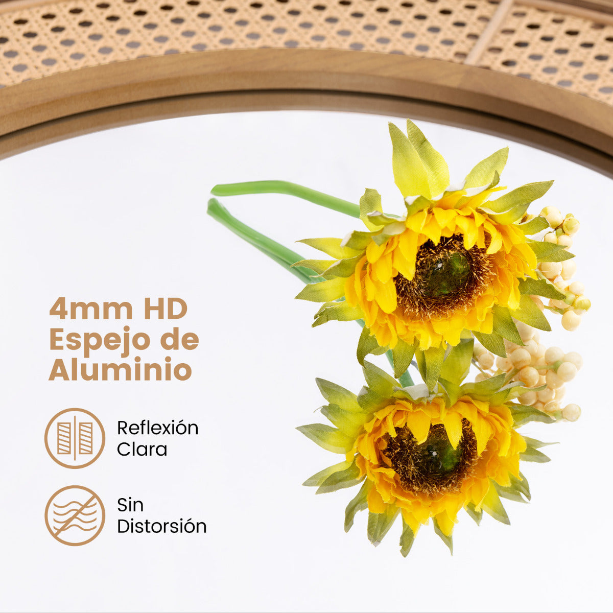 Espejo de Pared Redondo de Ratán con Marco de Madera de 65 cm con Vidrio de Aluminio Espejo Decorativo para Baño Salón Entrada Natural