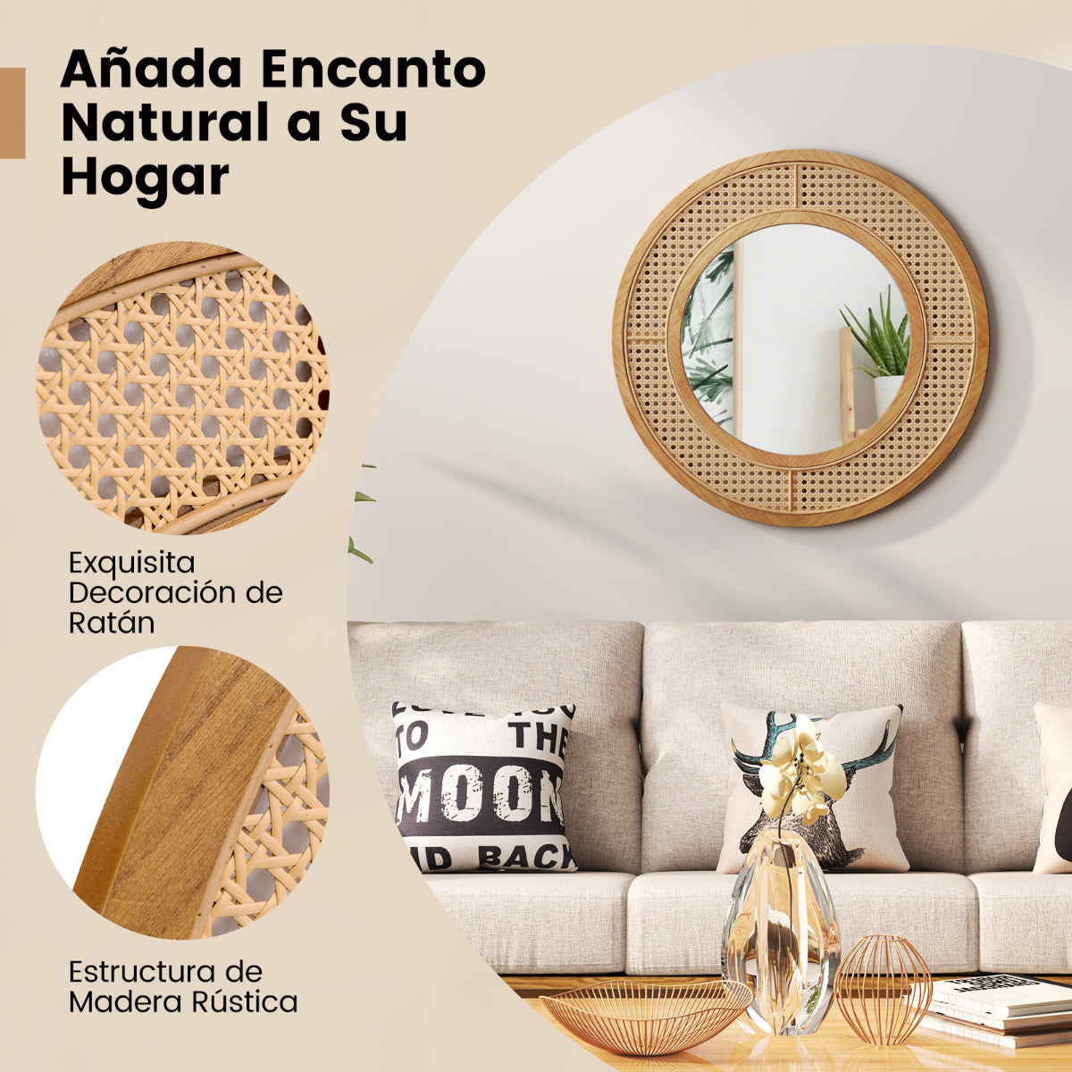 Espejo de Pared Redondo de Ratán con Marco de Madera de 65 cm con Vidrio de Aluminio Espejo Decorativo para Baño Salón Entrada Natural