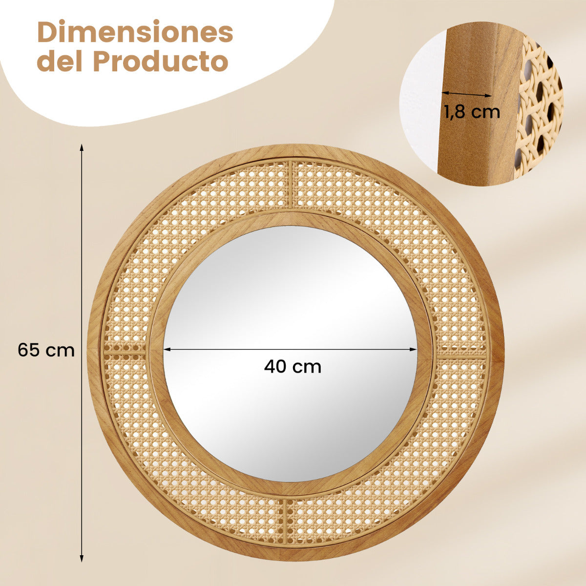 Espejo de Pared Redondo de Ratán con Marco de Madera de 65 cm con Vidrio de Aluminio Espejo Decorativo para Baño Salón Entrada Natural