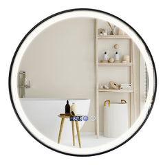 Espejo Redondo de Baño Tocador con Luz LED de 3 Colores Función de Memoria Desempañar Lectura de Tiempo y Temperatura 60 x 60 x 4 cm Plata