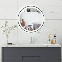 Espejo Redondo de Baño Tocador con Luz LED de 3 Colores Función de Memoria Desempañar Lectura de Tiempo y Temperatura 60 x 60 x 4 cm Plata