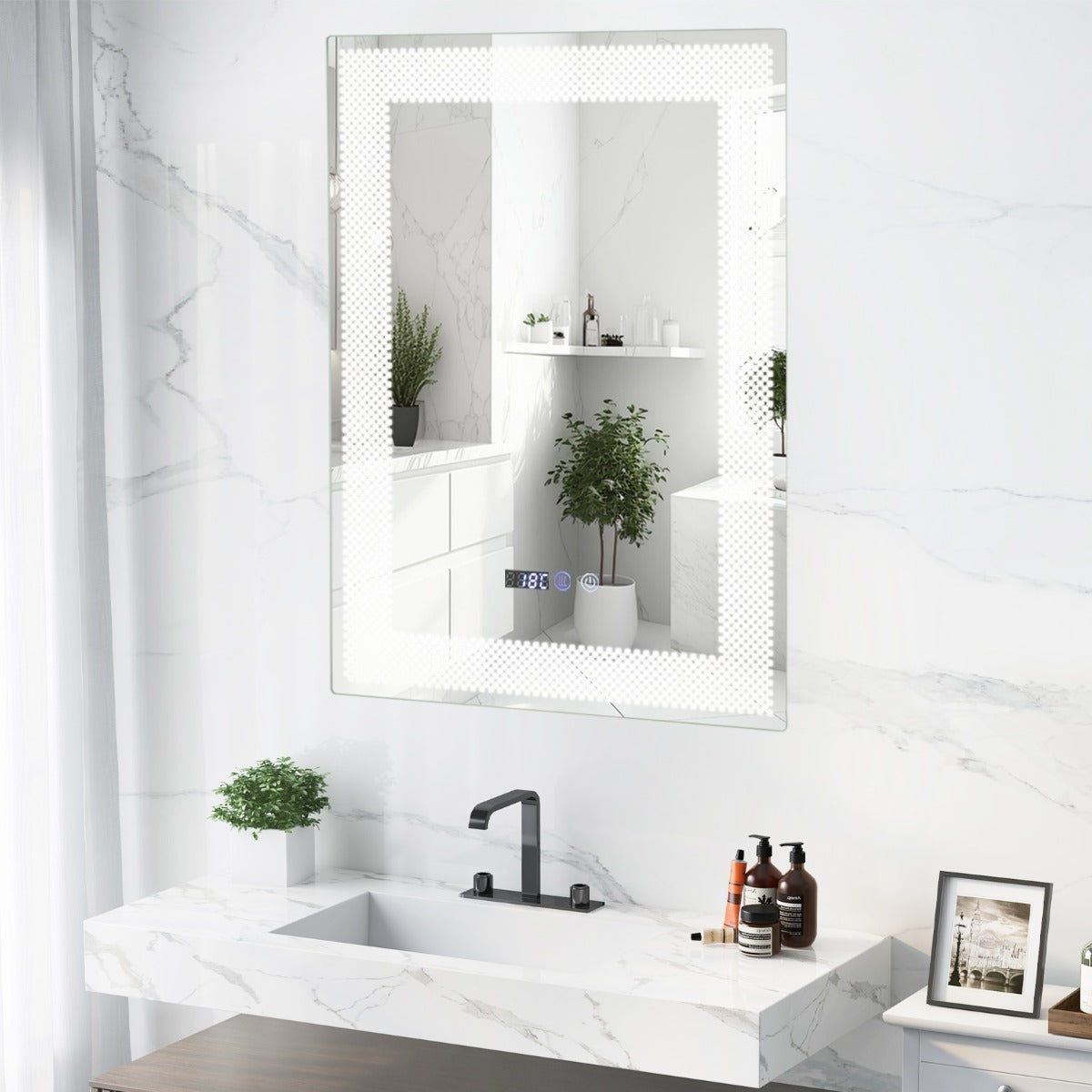 Espejo de pared LED HD Antivaho con 3 Luces de Color Memoria Lectura de Tiempo y Temperatura Espejo Inteligente para Baño 70 x 50 cm Plata