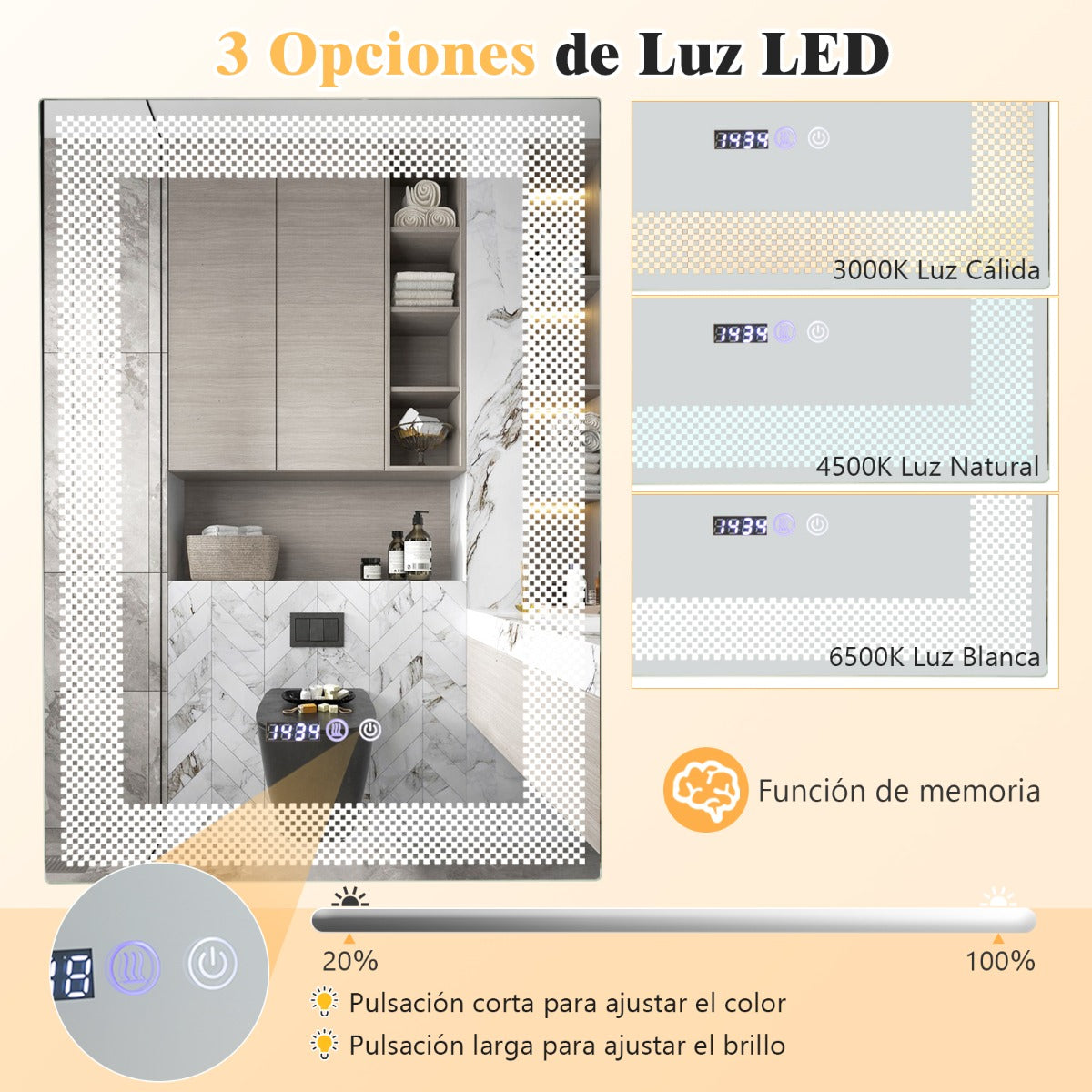 Espejo de pared LED HD Antivaho con 3 Luces de Color Memoria Lectura de Tiempo y Temperatura Espejo Inteligente para Baño 70 x 50 cm Plata