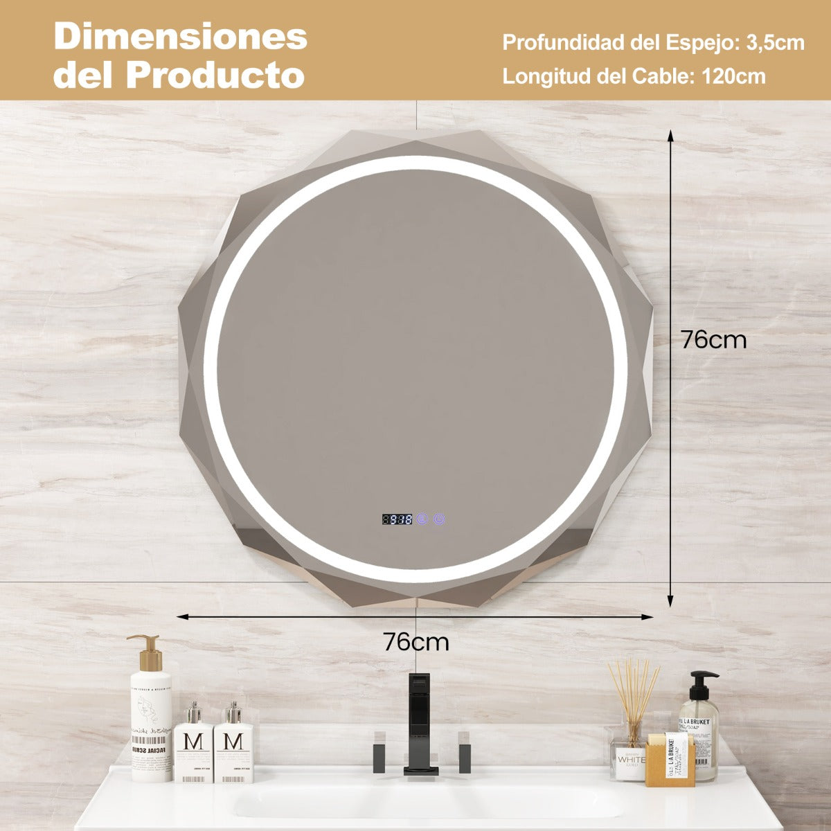 Espejo de Baño con LED Antivaho Espejo de Borde Biselado con 3 Colores de Temperatura a Prueba de Roturas Función de Memoria Botón Táctil