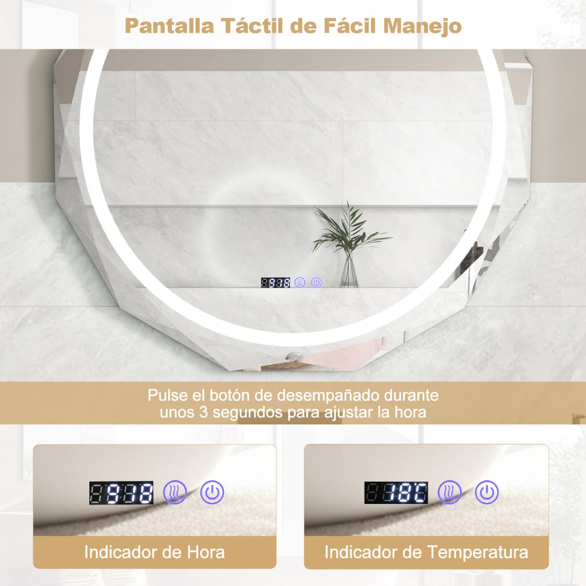 Espejo de Baño con LED Antivaho Espejo de Borde Biselado con 3 Colores de Temperatura a Prueba de Roturas Función de Memoria Botón Táctil