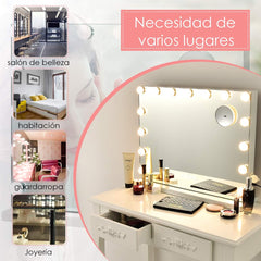 Espejo de Tocador de Maquillaje con 2 Parlantes 15 Luces LED 3 Colores de Luz Espejo Pequeño 10 Aumentos Espejo Cosmético Bluetooth Blanco