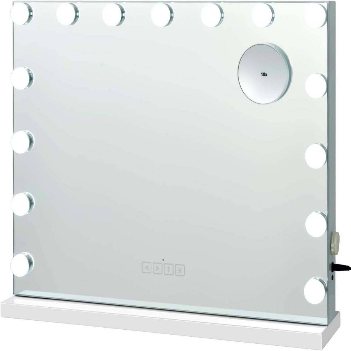 Espejo de Tocador de Maquillaje con 2 Parlantes 15 Luces LED 3 Colores de Luz Espejo Pequeño 10 Aumentos Espejo Cosmético Bluetooth Blanco