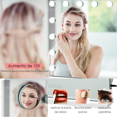 Espejo de Tocador de Maquillaje con 2 Parlantes 15 Luces LED 3 Colores de Luz Espejo Pequeño 10 Aumentos Espejo Cosmético Bluetooth Blanco