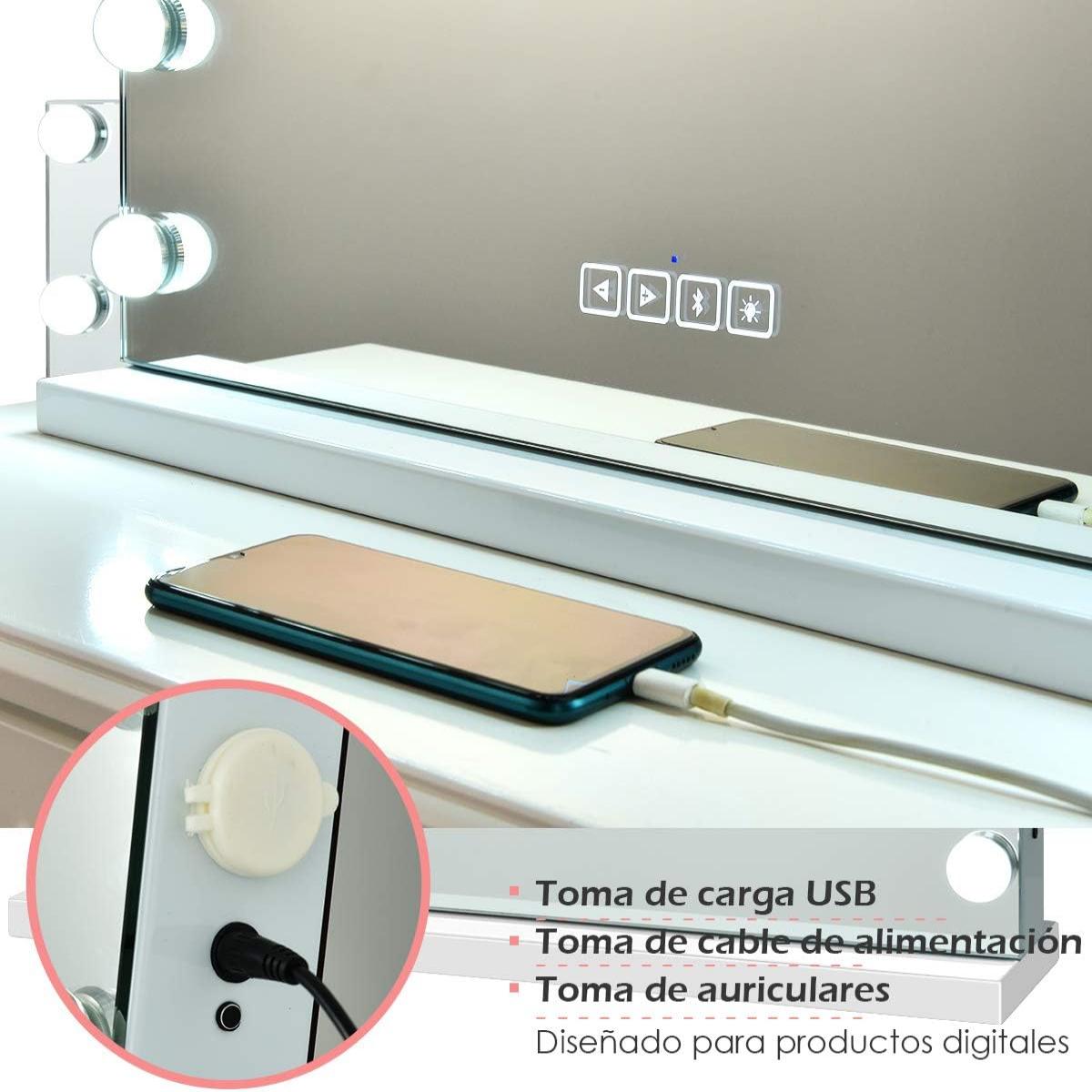 Espejo de Tocador de Maquillaje con 2 Parlantes 15 Luces LED 3 Colores de Luz Espejo Pequeño 10 Aumentos Espejo Cosmético Bluetooth Blanco