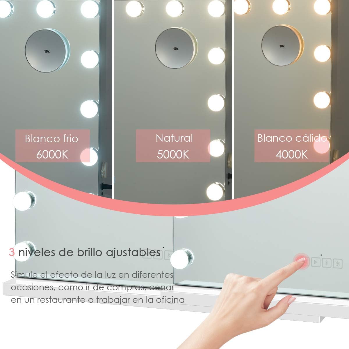 Espejo de Tocador de Maquillaje con 2 Parlantes 15 Luces LED 3 Colores de Luz Espejo Pequeño 10 Aumentos Espejo Cosmético Bluetooth Blanco
