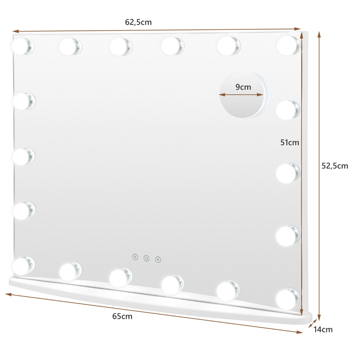 Espejo de Tocador con 18 Bombillas LED Regulables Espejo de Maquillaje iluminado de Mesa y de Pared 65 x 14 x 52,5 cm Blanco