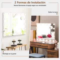 Espejo de Tocador con 18 Bombillas LED Regulables Espejo de Maquillaje iluminado de Mesa y de Pared 65 x 14 x 52,5 cm Blanco