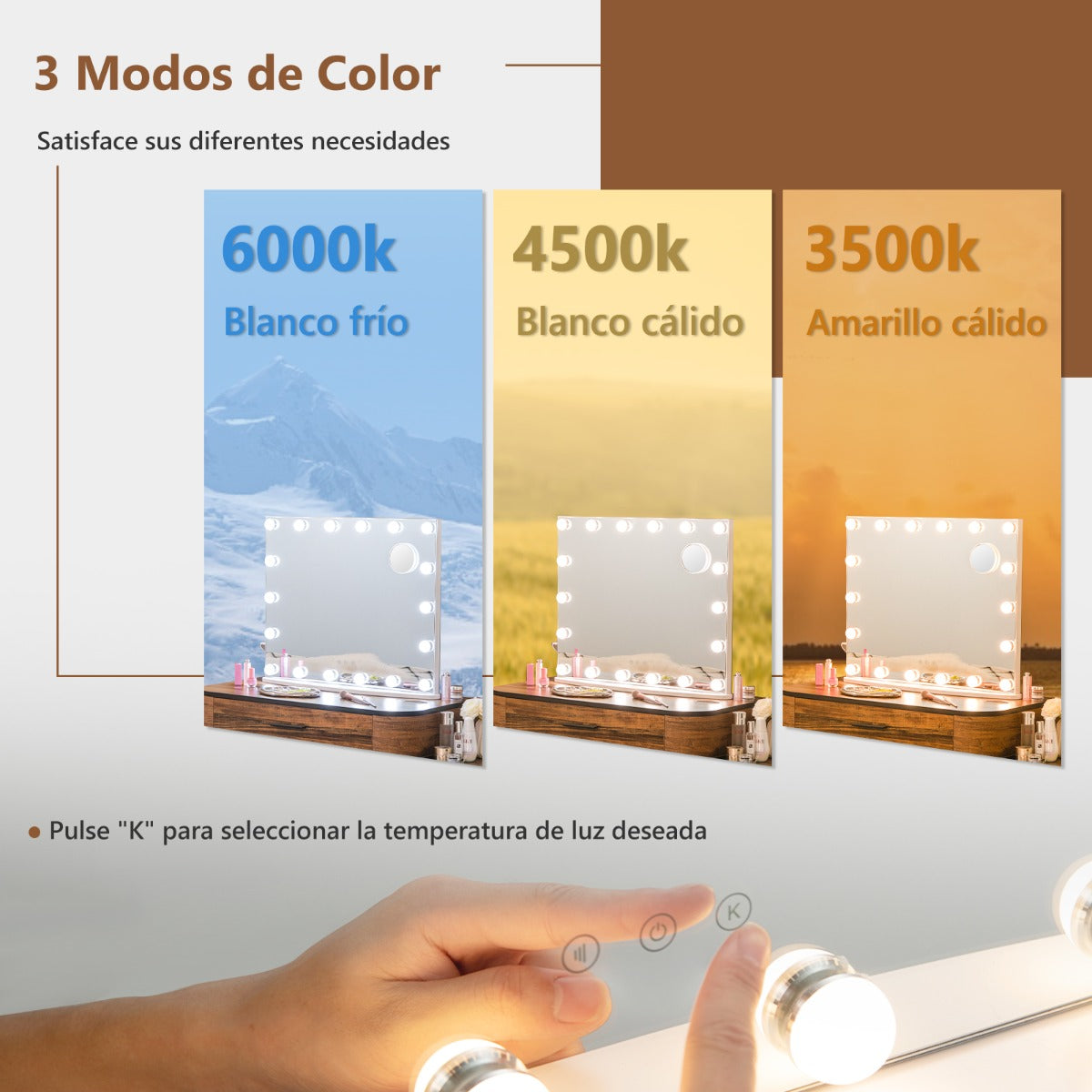 Espejo de Tocador con 18 Bombillas LED Regulables Espejo de Maquillaje iluminado de Mesa y de Pared 65 x 14 x 52,5 cm Blanco