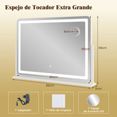 Espejo de Vanidad con Luces Espejo de Maquillaje Grande de 80 x 55 cm con Espejo Magnificador 10X Control Táctil 3 Modos de Iluminación Blanco