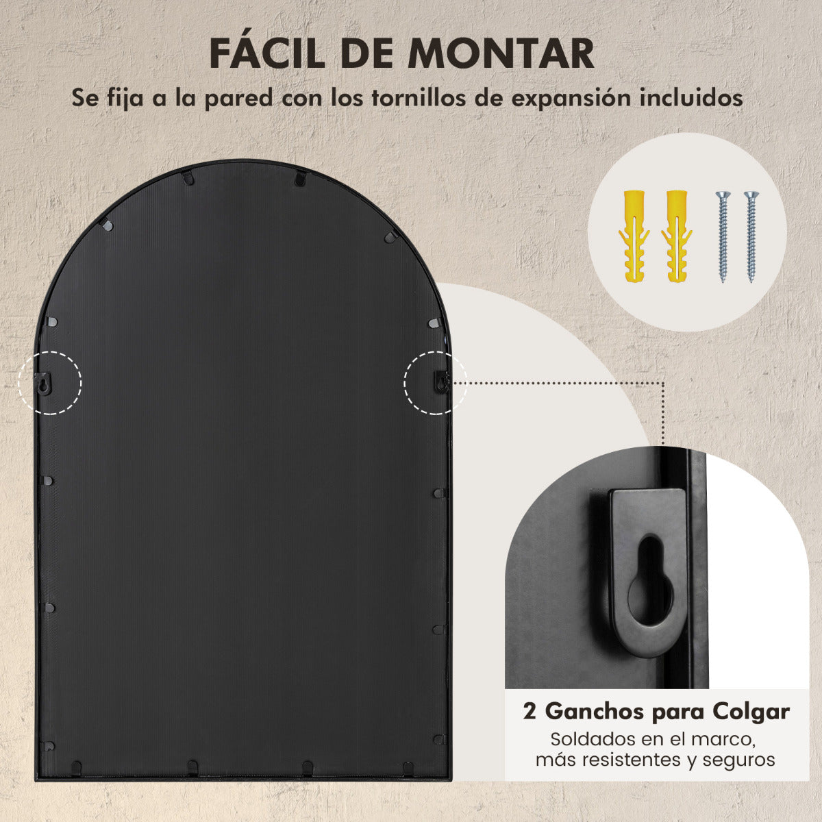 Espejo de Ventana Arqueado 58 x 87 cm Espejo Decorativo de Pared con Marco de Metal Colgante para Decoración de Ventana para Salón Negro
