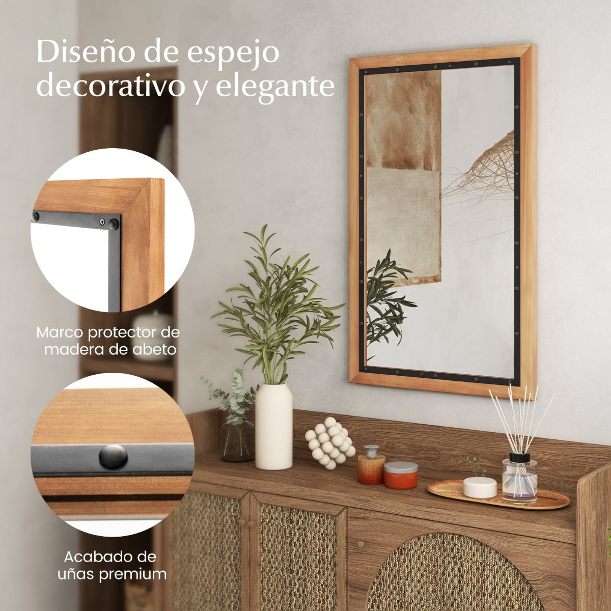 Espejo de Madera Rústico Espejo Decorativo Rectangular Montado en la Pared con Tablero Trasero 55 x 90 x 2,5 cm Natural