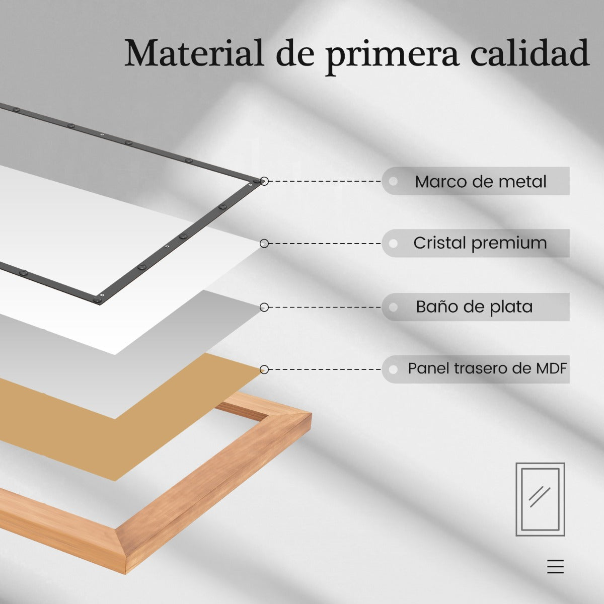 Espejo de Madera Rústico Espejo Decorativo Rectangular Montado en la Pared con Tablero Trasero 55 x 90 x 2,5 cm Natural